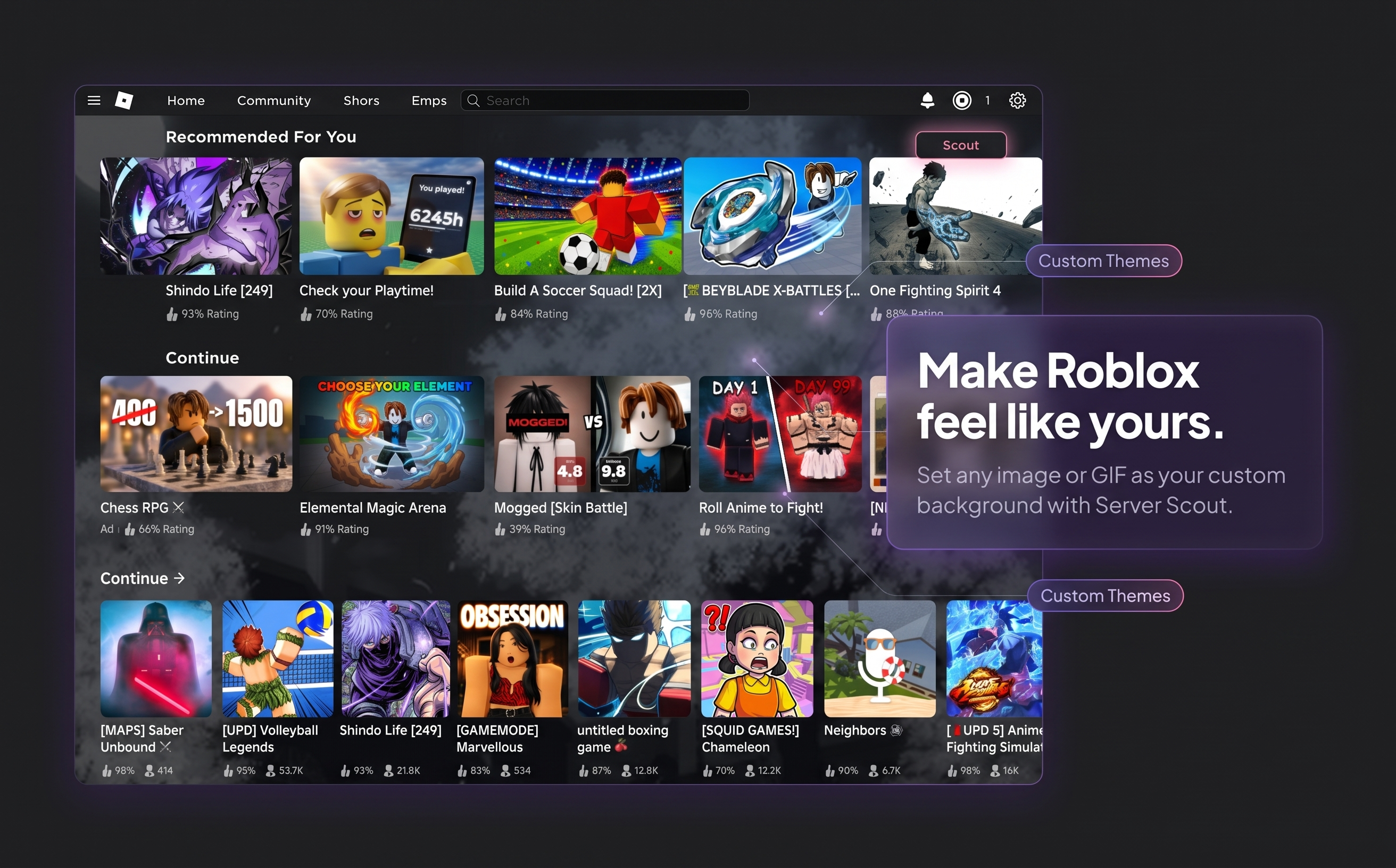 Server Scout custom themes feature shown on the Roblox homepage