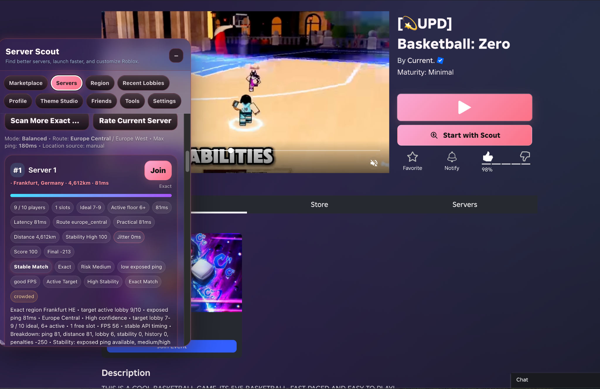 Roblox Server Scout comparing server region, latency, capacity, stability, and join controls on a Roblox experience page